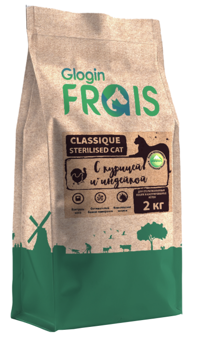 FRAIS GLOGIN CLASSIQUE Сухой корм для стерилизованных кошек и кастрированных котов с курицей и индейкой, 2 кг, 12 кг