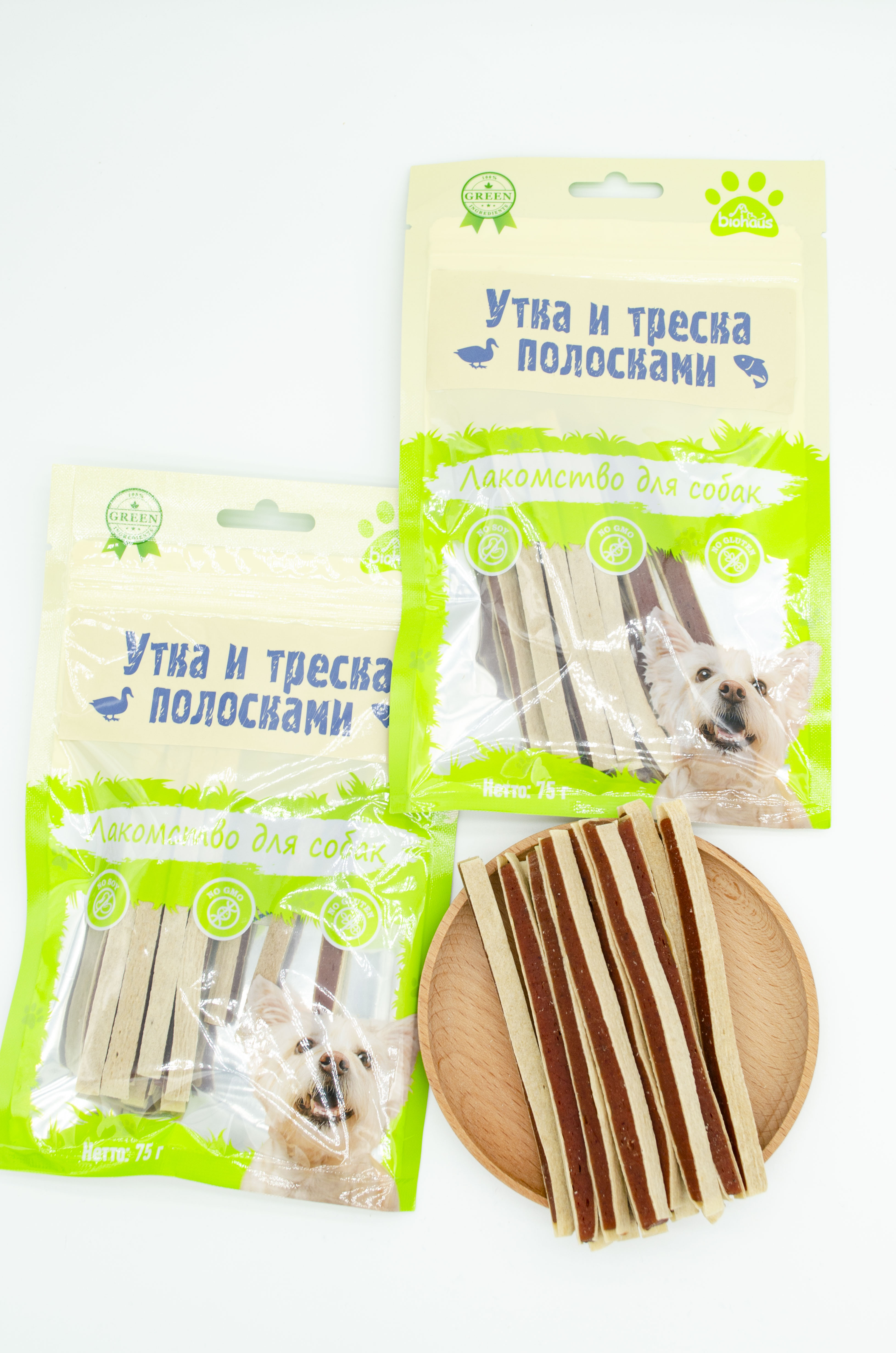 BIOHAUS Лакомство для собак Утка и треска полосками, 75 г