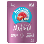 Molina Пауч с Тунцом и Лососем для котят и кошек, волокна в желе, 70г
