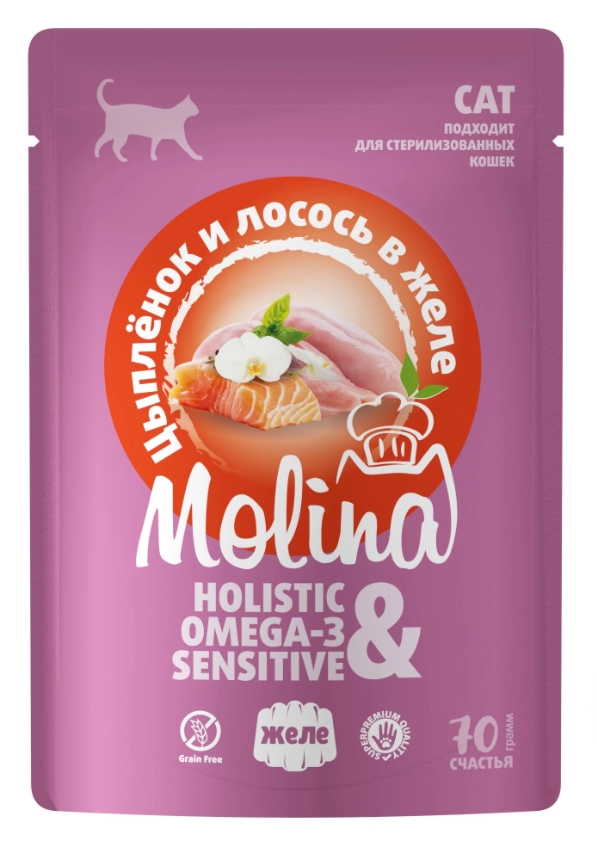 Molina Пауч для взрослых кошек Цыпленок и тунец в желе, 70 г АКЦИЯ