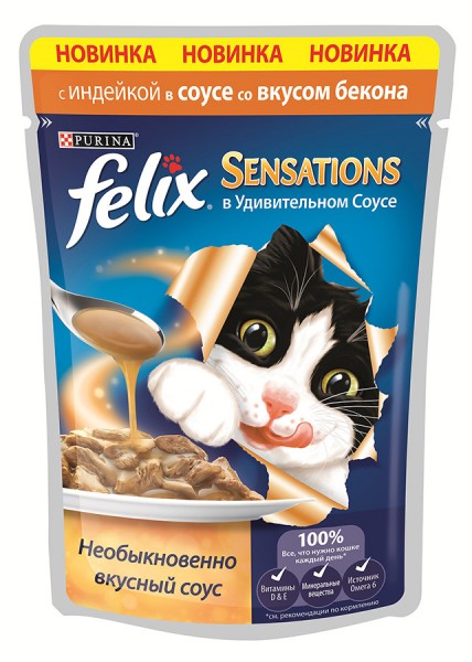 FELIX Sensations пауч для кошек индейка в соусе со вкусом бекона, 85 г