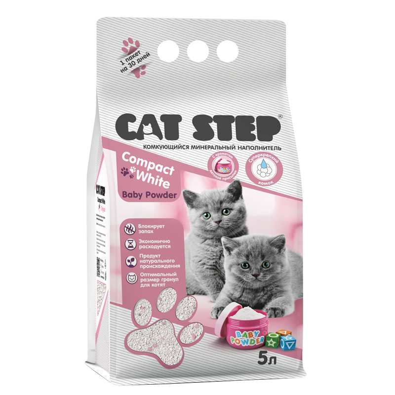 Cat Step Наполнитель для котят комкующийся минеральный Compact White Baby Powder, 5 л