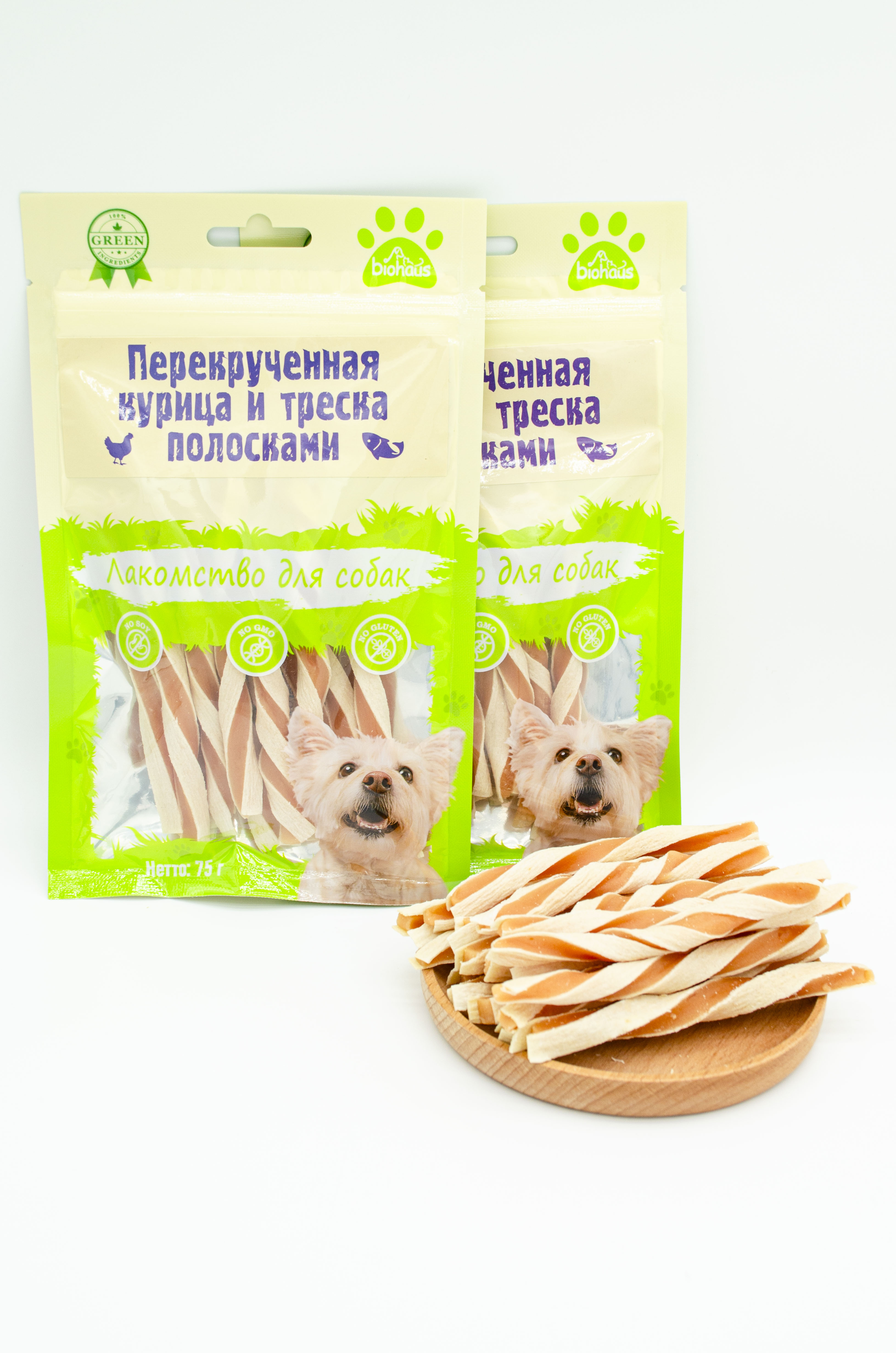 BIOHAUS Лакомство для собак Перекрученная курица и треска полосками, 75 г
