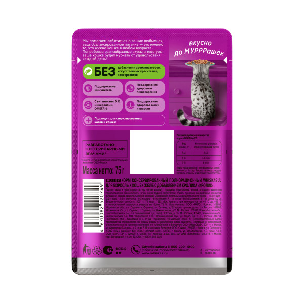 Whiskas Влажный корм для кошек кролик в желе, 75 г