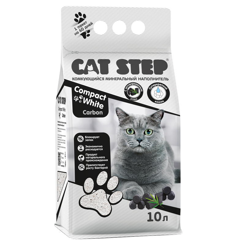 Cat Step Наполнитель комкующийся минеральный Compact White Carbon, 10 л