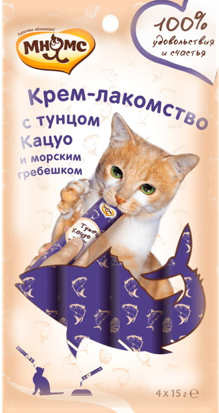 Мнямс Крем-лакомство для кошек с тунцом Кацуо и морским гребешком 15 г х 4 шт.