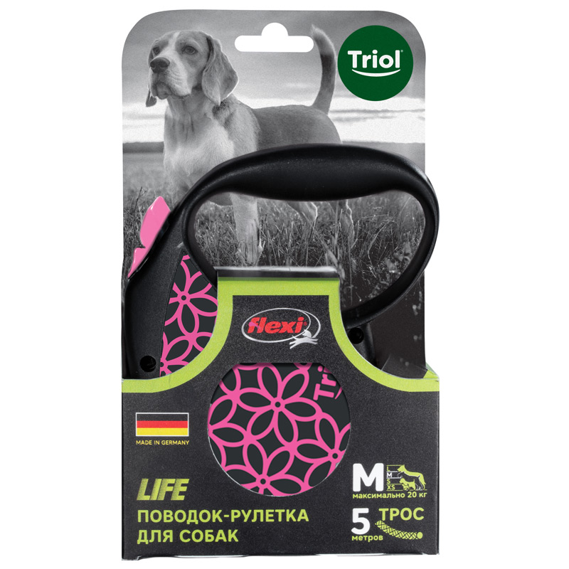 Triol Flexi Поводок-рулетка для собак Flexi Life Pink M 5м до 20кг, трос
