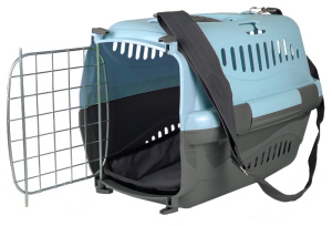 Россия Переноска для животных Турне М голубая с металлической дверцей,ковриком и ремнем, 48*32*32 см