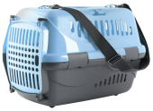 Россия Переноска для животных Турне М голубая с цветной пластиковой дверцей, ковриком и ремнем, 48*32*32 см