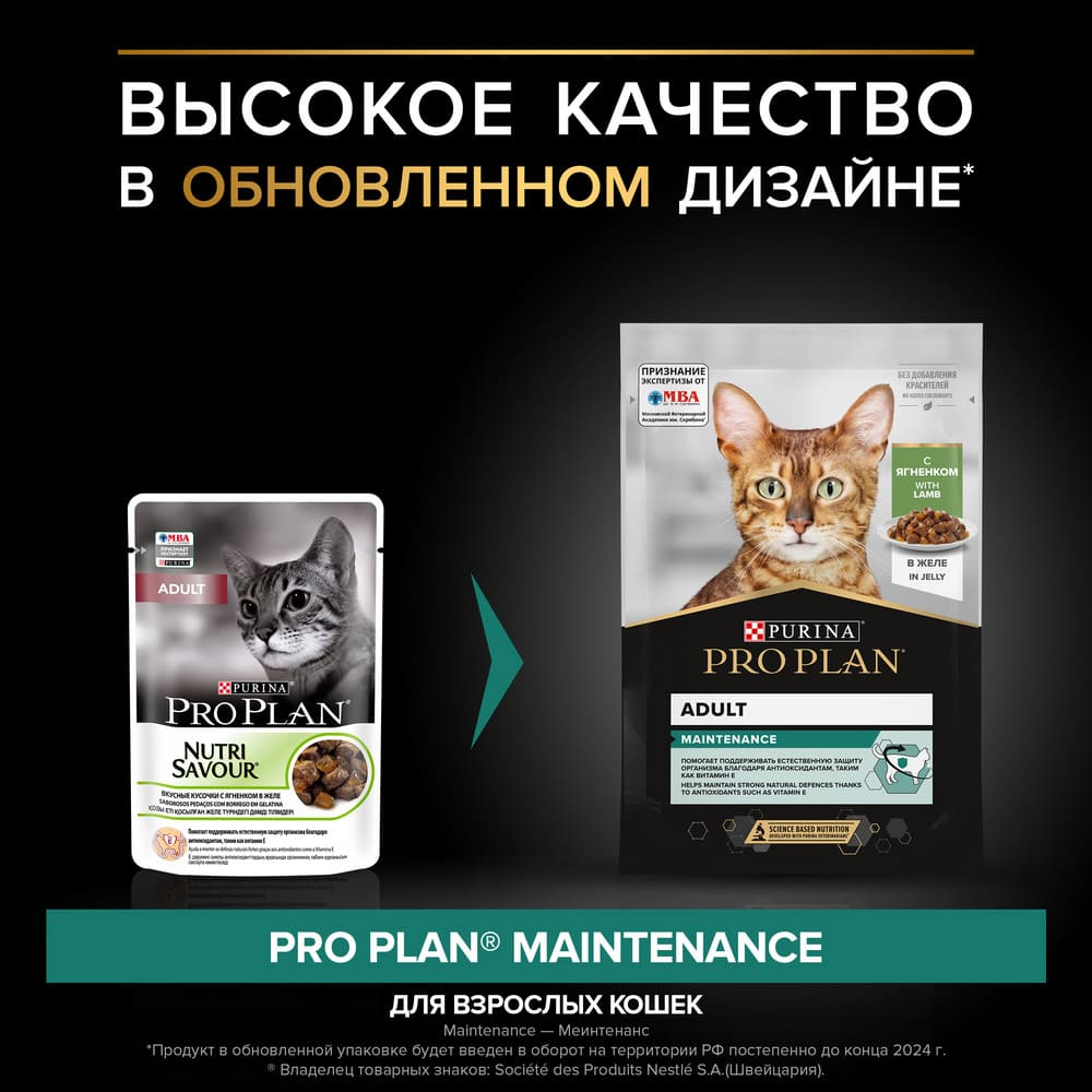 Pro Plan Adult Maintenance, влажный корм для взрослых кошек, с ягненком в желе, 85 г