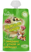 BIOHAUS Лакомство для собак Нежное пюре Говядина с уткой и авокадо,100 г