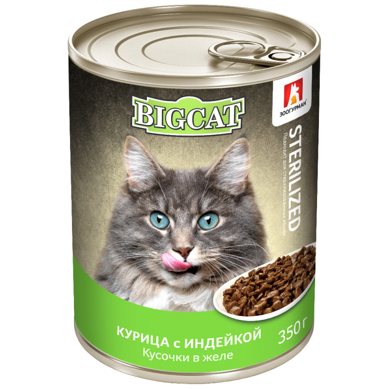 Зоогурман Влажный корм для кошек Big Cat Sterilized «Курица с индейкой», кусочки в желе, 350 г
