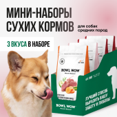 BOWL WOW Шоу-бокс для собак средних пород 150 г - 4 штуки: Корм сухой с яблоком - 1 шт; морковью -1 шт; и свеклой - 2 шт.