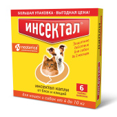 Инсектал Капли против клещей и блох для собак и кошек 4-10 кг, 6 пипеток Инсектал Капли против клещей и блох для собак и кошек 4-10 кг, 6 пипеток