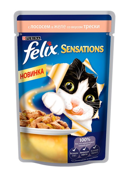 FELIX Sensations пауч для кошек с лососем в желе со вкусом трески, 75 г