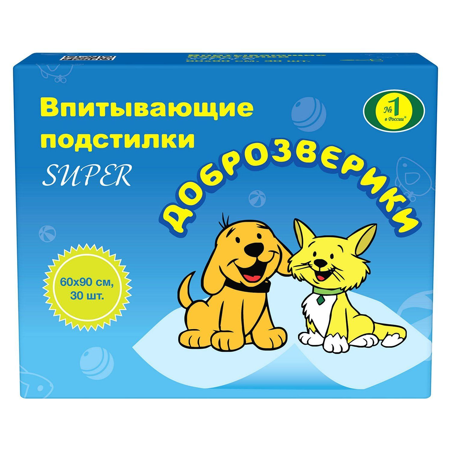 Доброзверики Super Подстилки впитывающие одноразовые с бумагой тиссью и суперабсорбентом 60 × 90 см, 30 шт.