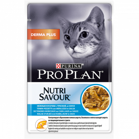 Pro Plan Derma Care, влажный корм для кошек для здоровья кожи и красоты шерсти, с треской в соусе, 85 г