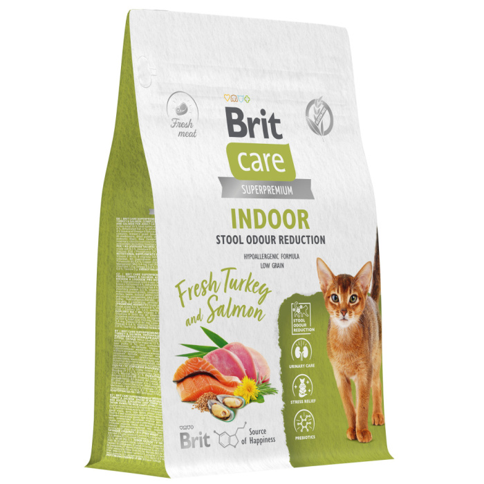 Brit Care Superpremium Cat Indoor с индейкой и лососем для взрослых кошек, Уменьшение запаха, 400 г, 1,5 кг