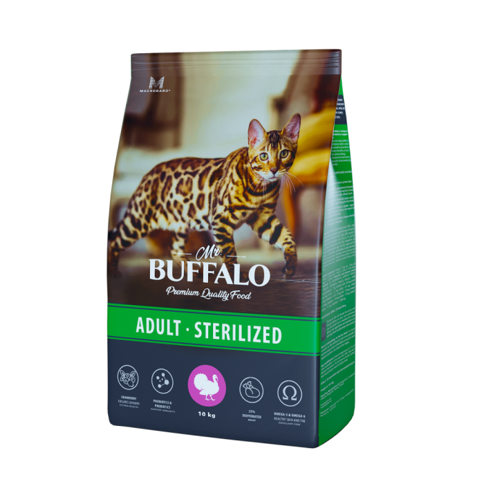 Mr.Buffalo STERILIZED Сухой корм для кошек, индейка,0,4 кг, 1,8 кг, 10 кг