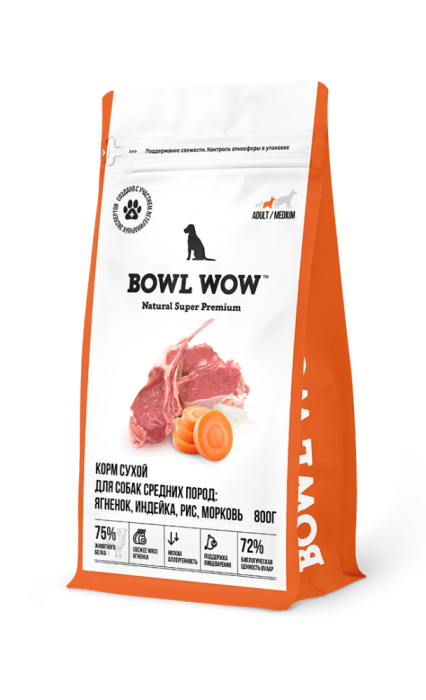 BOWL WOW Корм сухой для собак средних пород с индейкой, ягненком, рисом и морковью 800 г