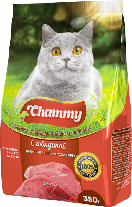 Chammy Полнорационный сухой корм для кошек, с говядиной,350 гр, 1,9 кг, 10 кг