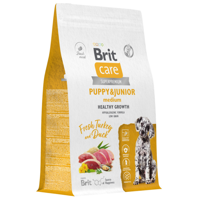 Brit Care Superpremium Dog Puppy&Junior M с индейкой и уткой для щенков средних пород, Здоровый рост и развитие, 1,5 кг, 3 кг., 12 кг