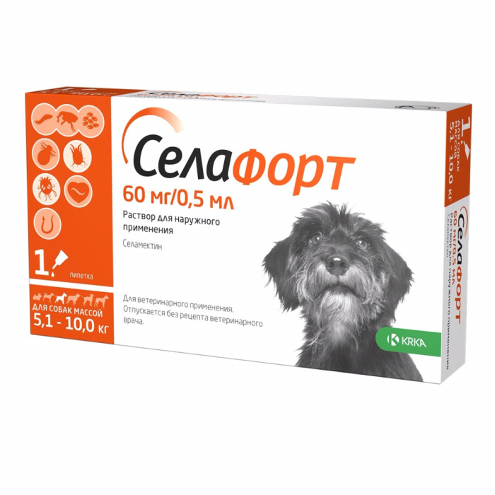 KRKA Селафорт инсектоакарицидный препарат для собак 5-10 кг 60мг/0,5мл, 1 пипетка
