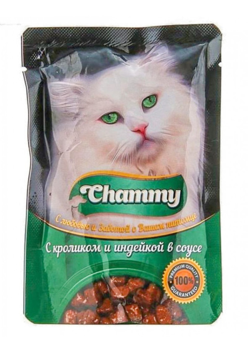 Chammy АКЦИЯ Влажный корм для кошек, с кроликом и индейкой в соусе, 85 г