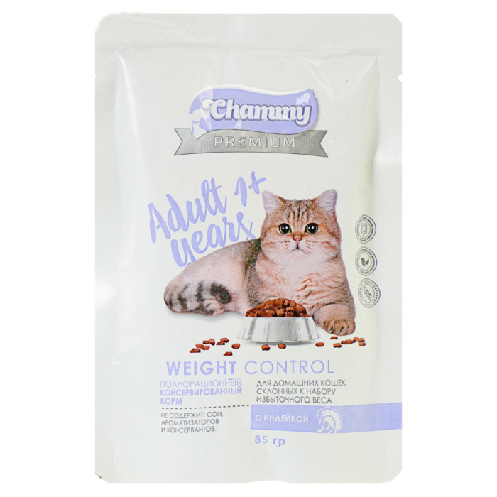 Chammy Premium Влажный корм для домашних кошек, склонных к набору избыточного веса, с индейкой, 85 г