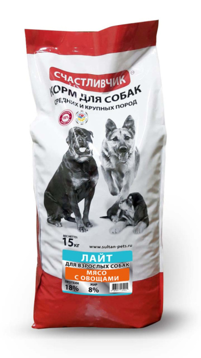 Счастливчик Лайт для собак средних и крупных пород, Мясо с овощами, 15 кг
