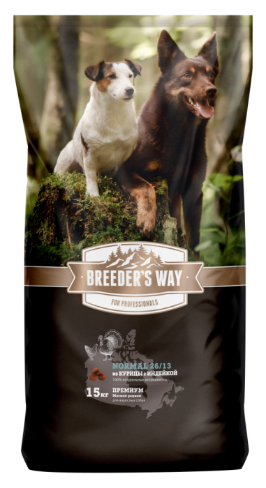 Breeder's Way Normal, сухой корм для взрослых собак из курицы с индейкой15 кг, 2,2 кг