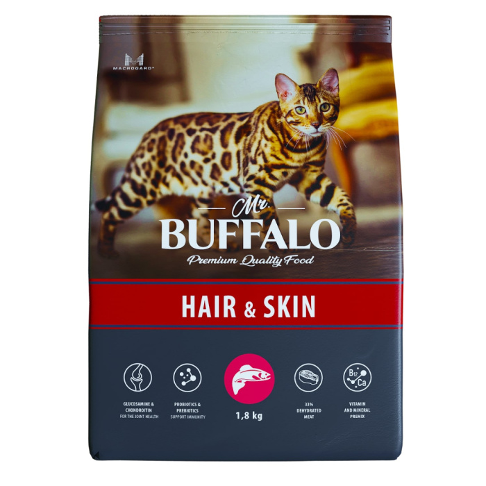 Mr.Buffalo ADULT HAIR & SKIN Сухой корм для кошек с лососем,0,4 кг, 1,8 кг