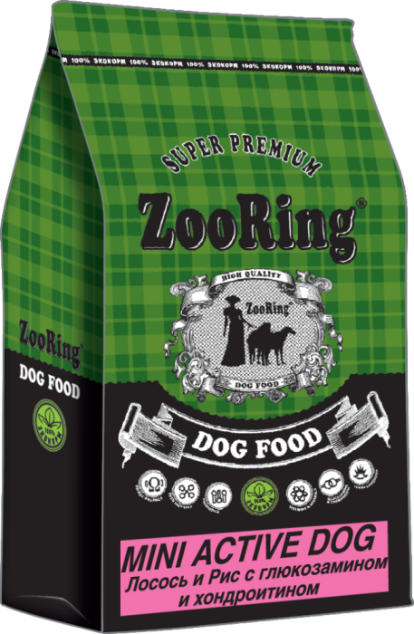 ZOORING MINI ACTIVE DOG Сухой корм для взрослых активных собак мини и средних пород Лосось и рис, 45%мяса-Без пшеницы, 10 кг, 700 гр, 20 кг, 2 кг