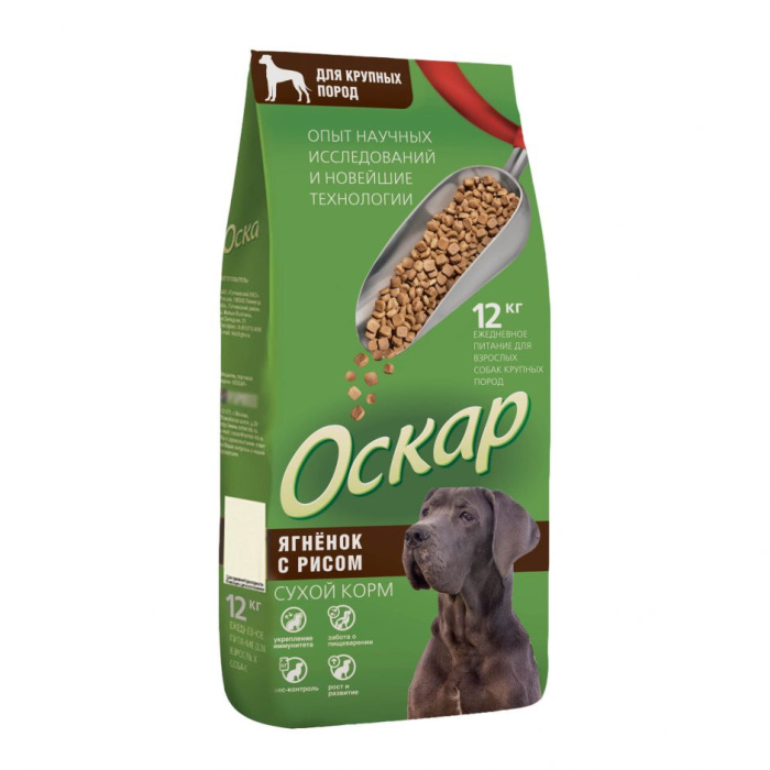 Оскар Сухой корм для взрослых собак крупных пород, с ягненком и рисом, гипоаллергенный, 12 кг