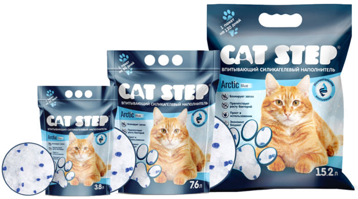 Cat Step Arctic Blue, силикагелевый наполнитель для кошек,7,6 л *4, 3,8 л, 15,2 л, 26,6 л