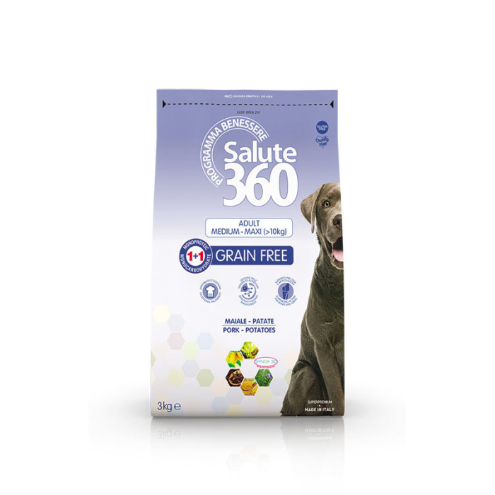 Salute 360 Беззерновой корм для собак всех пород, свинина, картофель,12 кг