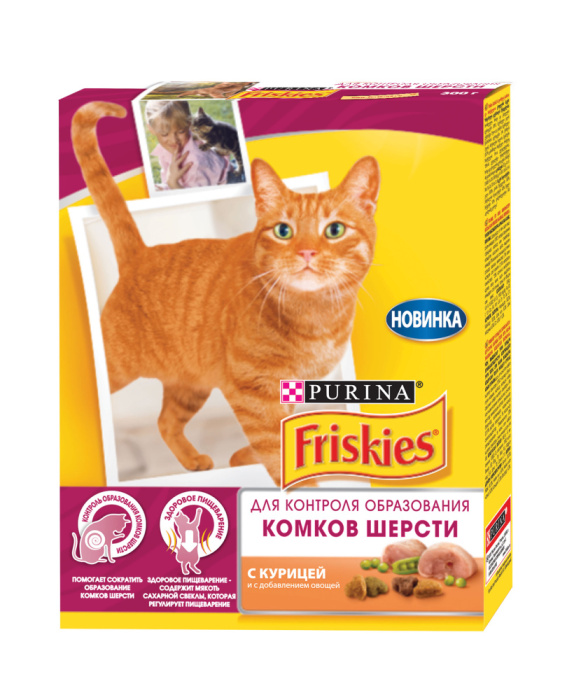 Friskies Сухой корм для взрослых кошек для контроля образования комков шерсти с курицей и овощами, 300 г