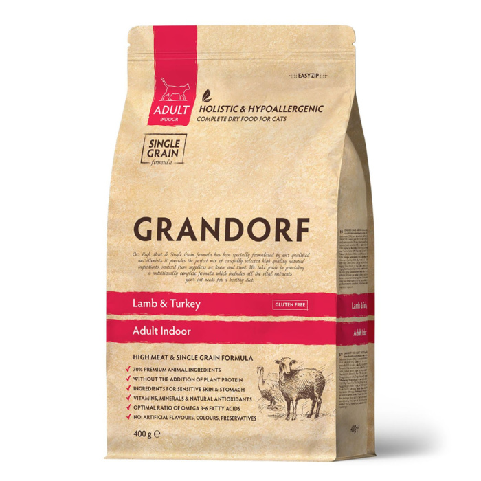 GRANDORF Adult Indoor Низкозерновой сухой корм для взрослых кошек, постоянно живущих в помещении, ягненок и рис, (400 гр, 14, 7, 23.5, GD Indoor 400 N)