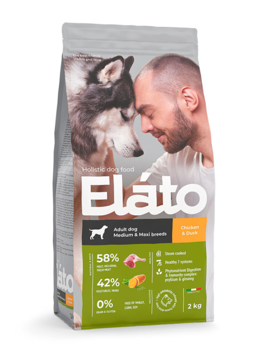 Elato Holistic сухой корм для взрослых собак средних и крупных пород с курицей и уткой,2 кг., 8 кг.
