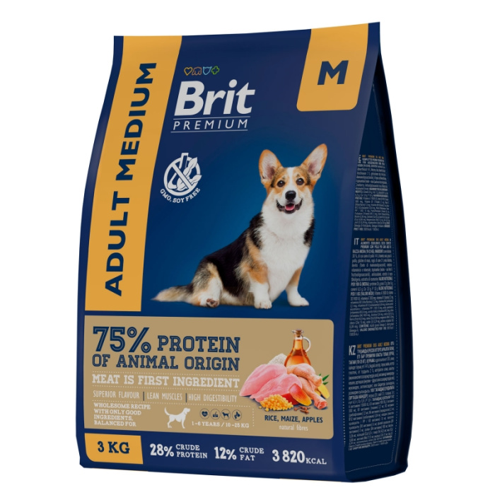 Brit Premium Adult Medium с курицей для взрослых собак средних пород (10–25 кг),1 кг, 3 кг, 15 кг