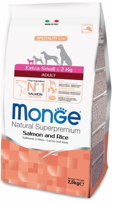 Monge Dog Speciality Extra Small корм для взрослых собак миниатюрных пород лосось с рисом,2,5 кг, 800 гр