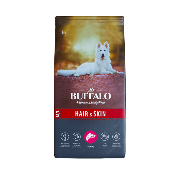 Mr.Buffalo HAIR & SKIN CARE Сухой корм для собак средних и крупных пород, лосось,0,8 кг, 2 кг, 14 кг