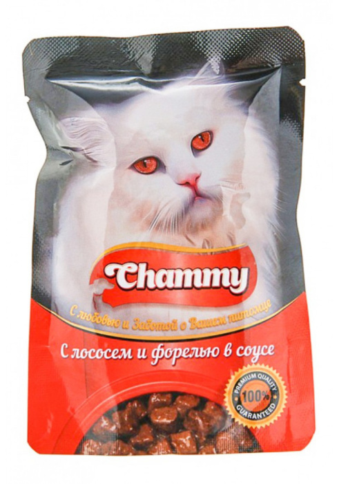Chammy АКЦИЯ Влажный корм для кошек, с лососем и форелью в соусе, 85 г