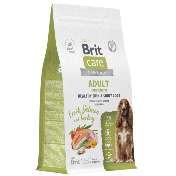 Brit Care Superpremium Dog Adult M с лососем и индейкой для взрослых собак средних пород, Здоровая кожа и шерсть, 1,5 кг, 3 кг, 12 кг