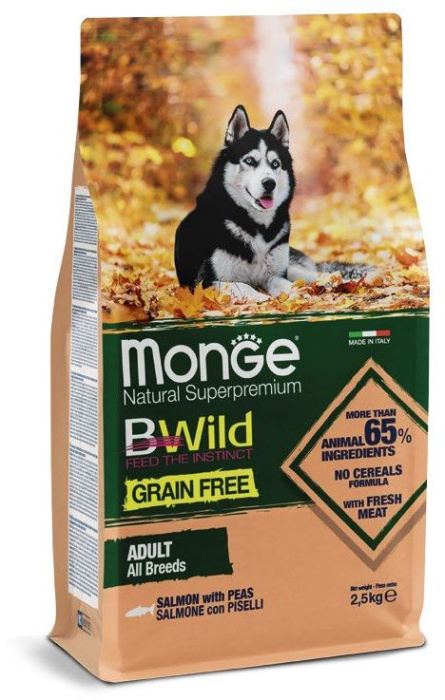 Monge Dog GRAIN FREE беззерновой корм для собак всех пород, с лососем и горохом,2,5 кг, 12 кг