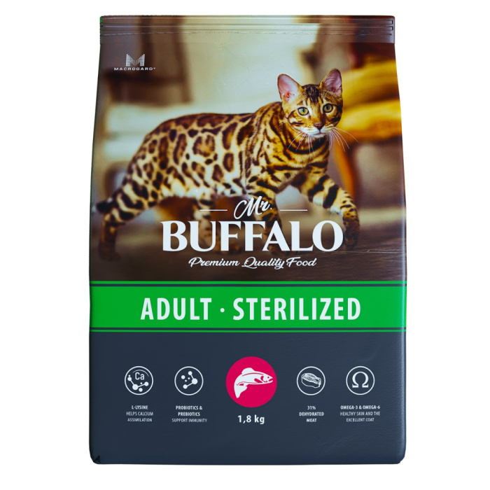 Mr.Buffalo STERILIZED Сухой корм для кошек, лосось,0,4 кг, 1,8 кг