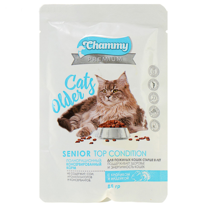 Chammy Premium Влажный корм для кошек старше 8 лет, с кроликом и индейкой, 85 г
