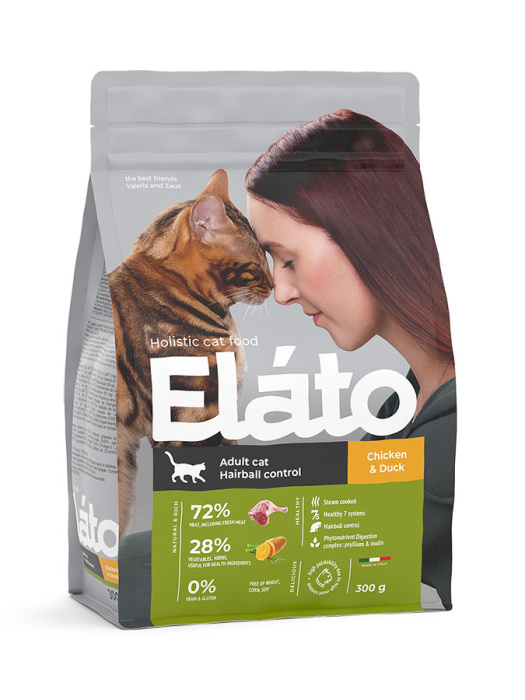 Elato Holistic Adult Сat Chicken & Duck Hairball Control, сухой корм для взрослых кошек с курицей и уткой, для выведения комочков шерсти300 г, 1,5 кг