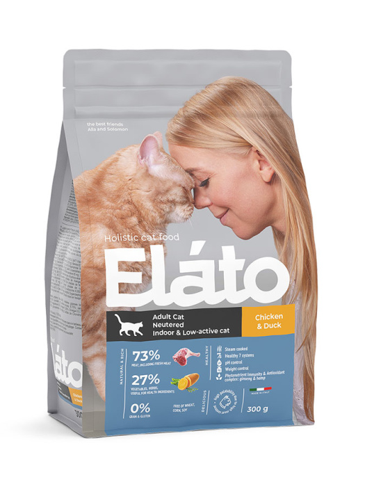 Elato Holistic сухой корм для кастрированных котов, стерилизованных и малоактивных кошек,300 г, 1,5 кг