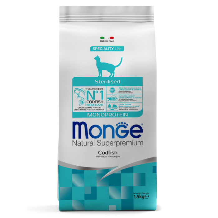 Monge Cat Speciality Line Monoprotein Sterilised для стерилизованных кошек, из трески1,5 кг, 400 гр